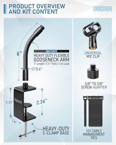 6-INCHS Flexible Gooseneck Microphone Stand with Heavy Duty Desk Clamp for Podcast, Meetings, Lectures, Radio Broadcasting Studio, Live Broadcast Equipment, TV Stations - size: 6-INCH