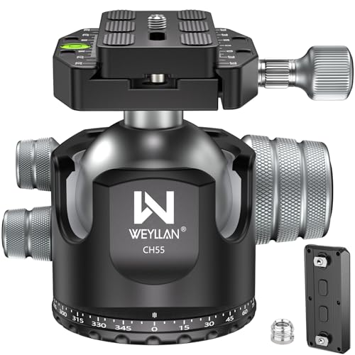 Low Profile Ball Head 55mm Tripod Ball Head Panoramic Tripod Head, CNC All Metal Tripod Camera Head for Tripods, WEYLLAN CH55 with Mlok Rail Arca Swiss Quick Release Plate, Max Load 88lbs/40kg - size: 55mm