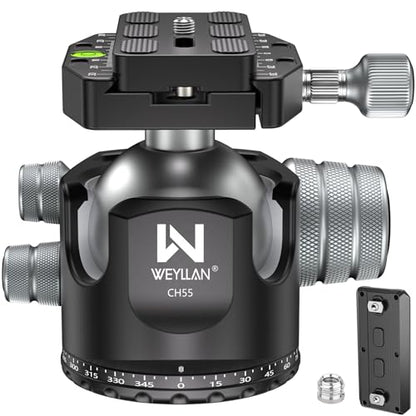 Low Profile Ball Head 55mm Tripod Ball Head Panoramic Tripod Head, CNC All Metal Tripod Camera Head for Tripods, WEYLLAN CH55 with Mlok Rail Arca Swiss Quick Release Plate, Max Load 88lbs/40kg - size: 55mm