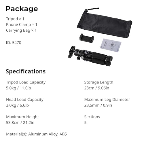 SmallRig VT-20Pro 21.2"/ 53.8cm Mini Tripod for Camera and Phone, Aluminum Alloy Small Desktop Tripod with 360° Ball Head, Table tripods Load Up to 11lb / 5kg - style: VT-20 Pro