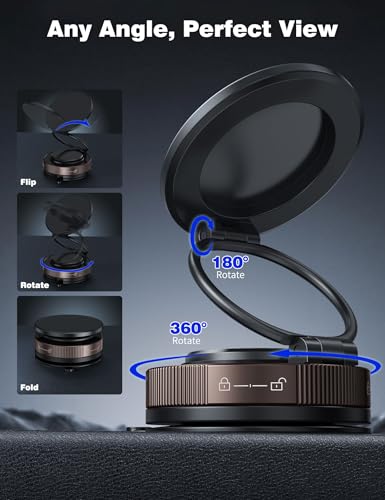 ACAGET 360° Adjustable Vacuum Suction Magnetic Phone Holder for MagSafe Car Mount, Suction Cup Makeup Mirror Tripod Phone Bracket Mount for Vlog Video Recording, Zinc Alloy Vacuum Magnetic Car Holder