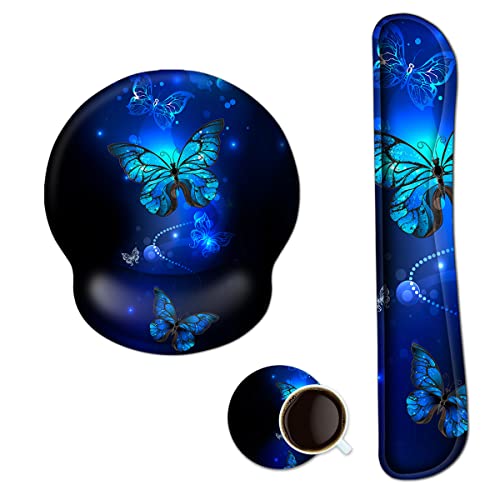 Mouse Pad Keyboard Wrist Rest, Gel Non Slip Rubber Wrist Support Rest Mouse Pad for Home Office, Computer, Laptop, Typist, Gamer, Soft Cushion Mousepad with Memory Foam Ergonomic, Blue Butterfly - color: Blue Butterfly