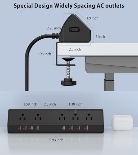 Desk Clamp Power Strip 65W Fast Charging Station,4 PD USB-C,5 Outlets,Nightstand Desk Edge Mount Tower Surge Protector,15 Amp Heavy Duty Power Strip,Fits 1.96" Tabletop Edge (Black, 6 FT Cable) - color: Black, size: 6 FT Cable