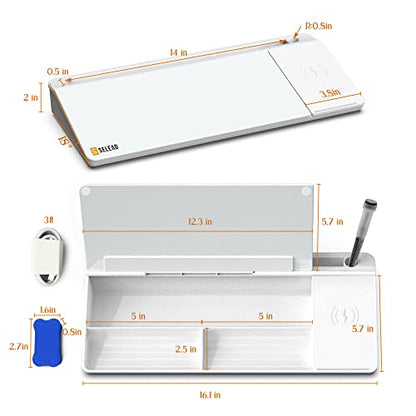 SELEAD Desktop Glass Whiteboard with Wireless Charger Station, Dry Erase Board Computer Pad Keyboard Stand with Organizer Drawer for Home, School, Office Desk Accessories, White - color: White Charger