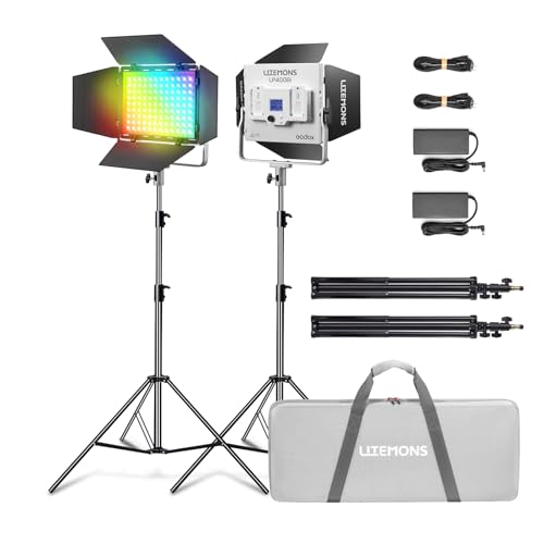 Godox LP400 RGB LED Panel Video Light Kit with App Control&Stand/Bag, 2 Pack 36W Studio Lights with 1800K-10000K/CRI 96+/TLCI 96+/14 FX Modes for Game Streaming YouTube Photography (2 Pack) - color: 2 Pack