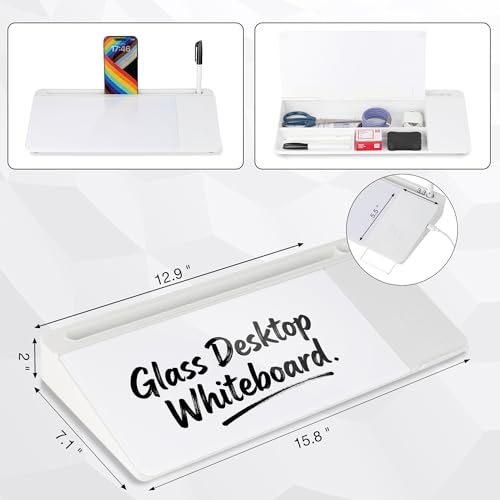 Glass Desktop Whiteboard with Wireless Charger & Storage, Desk Dry Erase Note Memo Board, Compact Desk Organizer for Desk, Home, Study, Office, Back to School Supplies, White, 2026 - color: White Wireless Charger