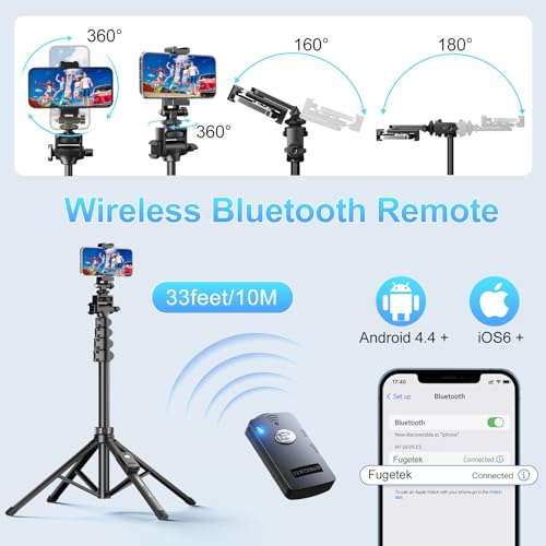 Fugetek 62" Professional Cell Phone Tripod, Ultra Stable 4 Leg Design, Bluetooth Remote, 100% All Aluminum Stick & Legs, Portable All in One, 360° Phone Mount with 2 Cold Shoe Slots, Non Skid Feet - style: Quadrapod
