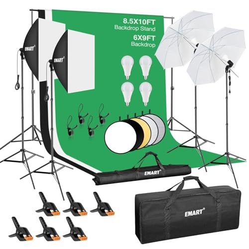 EMART 8.5 x 10 ft Backdrop Support System, Professional Photography Lighting Kit with 50W LED Blub, Reflector, Backdrop *3, Heavy Duty Sandbag *4, Umbrellas&Softbox Lighting Kit for Studio, Portrait