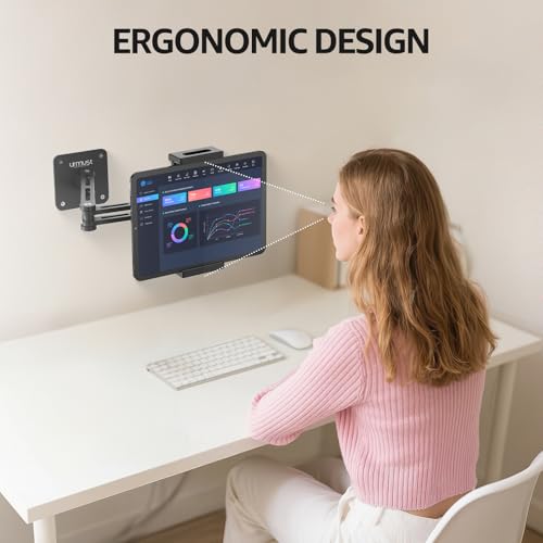 Urmust Dual Arm Tablet Wall Mount Ipad Holder, 4.7-13" | 360° Rotation Adjustable, Aluminum Extendable Arm, For iPad mini/Air/Pro/Galaxy Tab/Kindle, Kitchen Home Office - size: 2 Arm-Up to 13"