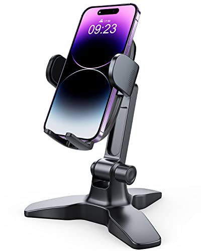 OQTIQ Cell Phone Stand for Desk with 360° Ball Head Swivel, Sturdy Heavy Duty Tripod Base, Thick Case Friendly, Home Office Desk Accessories Phone Stand for iPhone Android Phones
