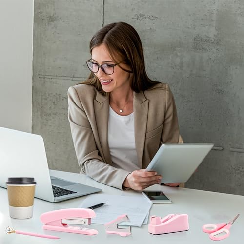 Pink Office Supplies, Pink Desk Accessories, Stapler, Staple Remover, Tape Holder, Pen Holder, Ballpoint Pen, Scissor, Binder Clips, Paper Clips and 1000pcs Staples. - color: Pink
