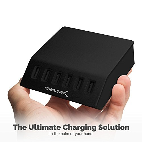SABRENT Premium 60 Watt (12 Amp) 6 Port Aluminum Family Sized Desktop USB Rapid Charger.[UL Certified ] Smart USB Charger with Auto Detect Technology [Black] (AX-FLCH-B) - size: 6-Port