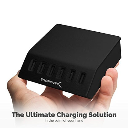 SABRENT Premium 60 Watt (12 Amp) 6 Port Aluminum Family Sized Desktop USB Rapid Charger.[UL Certified ] Smart USB Charger with Auto Detect Technology [Black] (AX-FLCH-B) - size: 6-Port