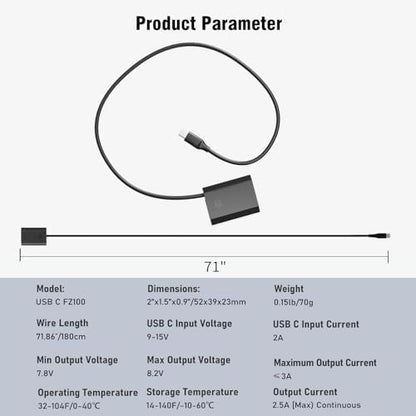 USB C to NP-FZ100 Dummy Battery Compatible with Sony NP-FZ100 Battery for FX3, A7S III, A7 IV, A7 III, A7R III, A7R IV, A7R V, A7C II, A7CR, A1, A9, A9 II, A6600, A6700, FX30, ZV-E1, ZV-E10 II