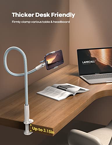 Lamicall Gooseneck Phone Holder Bed - [Nylon Braided] Flexible Arm, Overall Length 38inch, 360 Adjustable Clamp Clip, Overhead Cell Phone Mount Stand for Bed, Desk, White & Blue - color: White