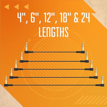Rock Stock 1/4" Stereo TRS Flat Patch Cables - 6" Ultra-Thin, Right Angle, Low Profile, Gold Plated, Braided Shielding - Maximize Pedalboard Space, Eliminate Noise, Connect Guitar Effects Pedals - size: 6 Inches