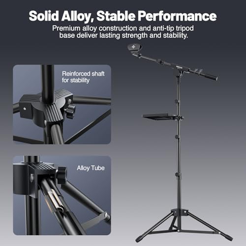 PHENYX PRO Microphone Stand with 22x16cm Large Tray, Adjustable Stand Height, Dual Mic Clips & Carrying Bag, Ideal for Live Streaming, Recording, and Speeches （MA-S1）