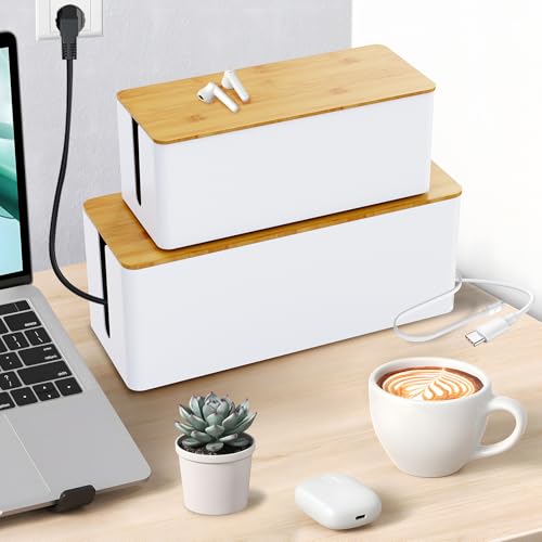 Cable Management Box,2 Pack Wooden Style Large Cable Organizer Box for Office and Home,Cable Organizer Box with Proof Lock for Baby-Pets,Wood Lid（White,2 Pack - color: 2 Pack White