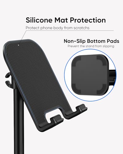 Cell Phone Stand, Adjustable Height Phone Stand for Desk, Eye Level Desktop Phone Holder Compatible with iPhone, Pro Max, Samsung, and All Mobile Phones up to 10'' - color: Black
