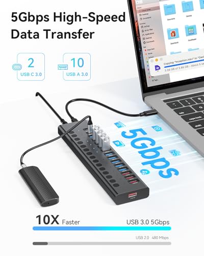 Powered USB Hub, AGEEN 16-Port USB 3.0 Hub (10 USB-A 3.0+2 QC 24W Fast Charging+2 Smart Charging+2 USB-C 3.0 Ports), 12V/8A 96W UL Certified Power Adapter for PC, Laptop, HDD, Flash Drive