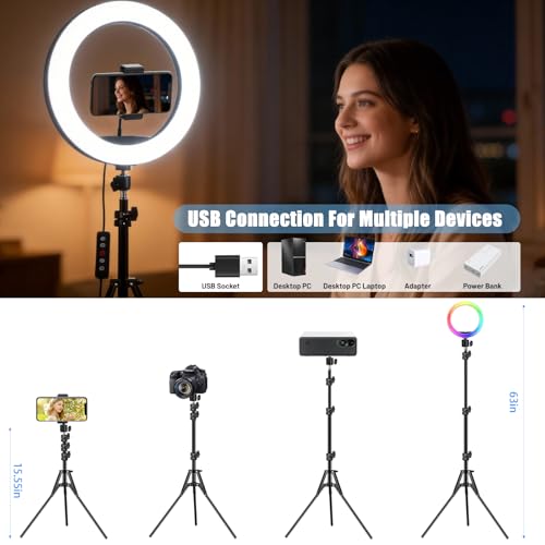 12'' Ring Light with Stand 75'' Tall & Phone Holder, 100+ Color Modes Selfie Light with Tripod Stand, Big LED Circle Lights for iPhone/Android/Camera/YouTube/Makeup/Live Stream/TikTok/Video - size: 12 inch - 29 RGB Lighting Modes