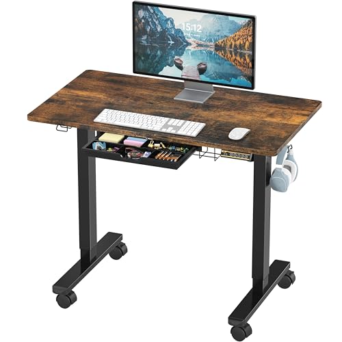 SHW 40-Inch Mobile Electric Height Adjustable Sit to Stand Desk with Drawer, Hanging Hooks and Cable Management, Rustic Brown - color: Rustic Brown