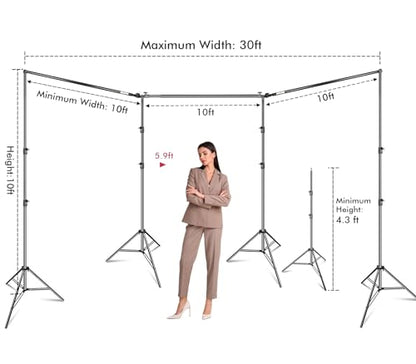 HYJ-INC Photo Video Studio 30ft (Wide) x 10ft (Tall) Heavy Duty Adjustable Width & Length Photography Backdrop Stand Background Support System Kit with 9pcs Clamps, 4pcs Sandbags, Carry Bag