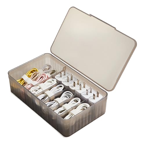 Cable Organizer Box Extra Wide, Travel Charger Cord Earphone Storage Case with Lid (Translucent Black) - color: Translucent Black