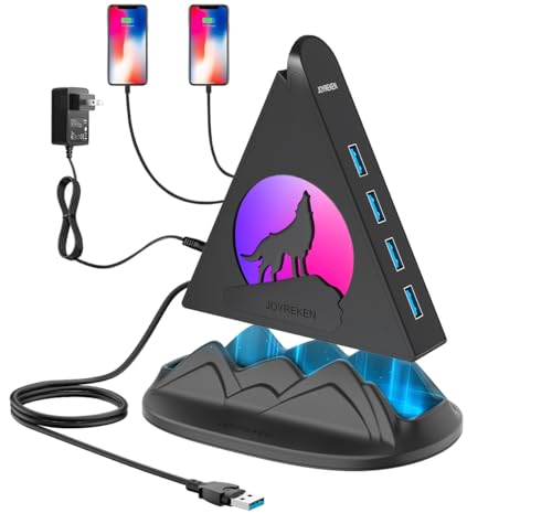 Powered USB Hub 3.0, 6-Port Hub(4 USB 3.0 Data Ports + 2 Smart Charging Ports) with 48W AC Adapter, RGB Light, Base, Compatible with PC, Laptop, Mac, External Hard Drives, PS4, Fast Charging for Phone - color: Black with base