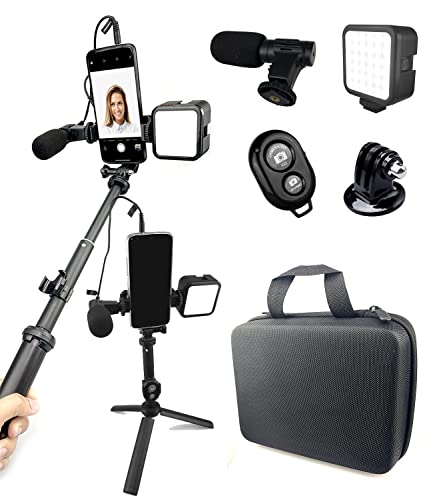 Selfie Stick Tripod Vlogging Kit for All Smartphones iPhone, Android w/LED Light, Rotating Phone Mount, Microphone, Bluetooth Remote, Hard Case for Live Stream, YouTube, Instagram TikTok
