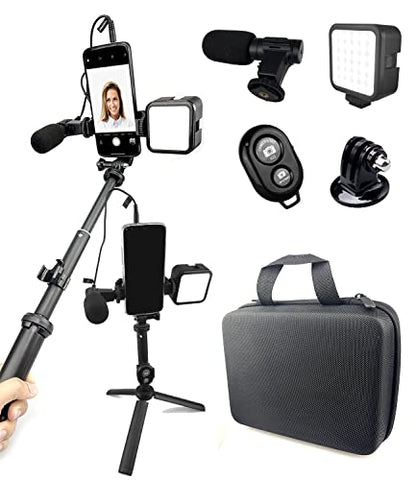 Selfie Stick Tripod Vlogging Kit for All Smartphones iPhone, Android w/LED Light, Rotating Phone Mount, Microphone, Bluetooth Remote, Hard Case for Live Stream, YouTube, Instagram TikTok