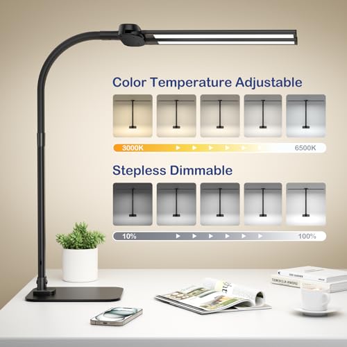 Desk Lamp with USB Charging Port for Home Office 24w Architect Remote Base Dual Task Led Light Modern 5 Color Modes Dimmable Adjustable Gooseneck Double Head Reading Drafting Eye Caring Tall Lamps - color: 360-Black-1