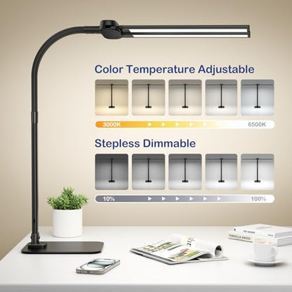 Desk Lamp with USB Charging Port for Home Office 24w Architect Remote Base Dual Task Led Light Modern 5 Color Modes Dimmable Adjustable Gooseneck Double Head Reading Drafting Eye Caring Tall Lamps - color: 360-Black-1