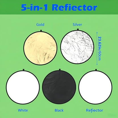 5-in-1 Photography Reflector 24"(60cm), Multi-Disc Collapsible Light Reflector with Bag - Super Portable for Studio/Macro Photography - Translucent, Silver, Gold, White and Black - size: 24”/60cm