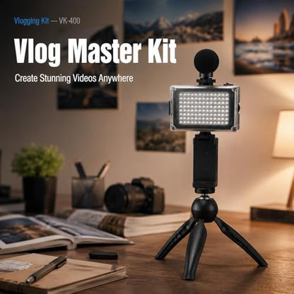 Portable Mobile Phone Photography Kit with Fill Light Microphone Tripod Red - Compact Vlogging Microphone Kit, Recording Equipment for Content Creator and Live Streaming (Black)