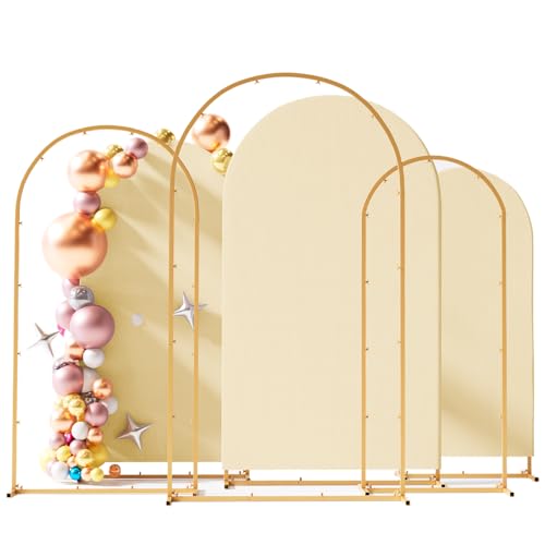 Set of 3 Metal Arch Backdrop Stand with Cover Set, (7.2FT, 6.6FT, 6FT Wedding Arch and Cover Set), Backdrop Arch for Party, Baby Shower, Birthday, and Graduation Ceremony - color: Yellow, size: 7.2ft+6.6ft+6ft