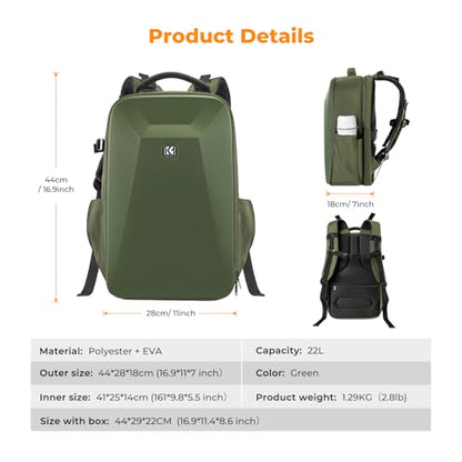 K&F CONCEPT Camera Backpack,Hardshell Photography DSLR Camera Bag with 15-15.6 Inch Laptop Compartment Hard Shell Camera Case Compatible with Canon/Nikon/Sony/DJI Mavic Drone - color: Green