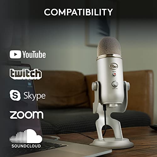 Logitech Creators Blue Yeti USB Microphone for PC, Mac, Gaming, Recording, Streaming, Podcasting, Studio and Computer Condenser Mic with Blue VO!CE Effects, 4 Pickup Patterns, Plug and Play - Silver | Tri-Capsule Condenser USB Mic, 4 Pickup Patterns, Bidi