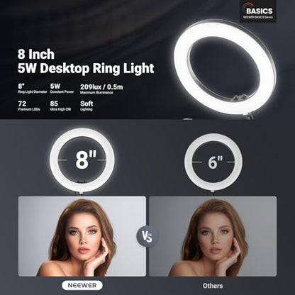 NEEWER Entry Level Version N41 8" LED Ring Light with Desk Clamp Stand/Remote, Overhead Phone Mount Holder Compatible with iPhone, Streaming Video Recording Selfie Nail Tech Food Photography Lighting