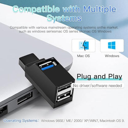 4-Port USB 3.0 Hub [90°/180° Rotatable],USB Splitter with 1 USB 3.0 Port,2 USB 2.0 Ports,and 1 USB C Data Port, USB Extender Compatible with Laptops,Cars,Surface go,MacBook Air/Pro,and Other Devices