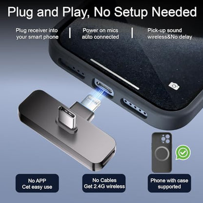 Bulatry 2-Pack Wireless Mini Lavalier Lapel Microphone for iPhone,Android Phone(2 in 1) - 65ft Cordless Clip on Dual Mics with Noise Reduction 6H Working Time for Video Recording Vlogging, YouTube