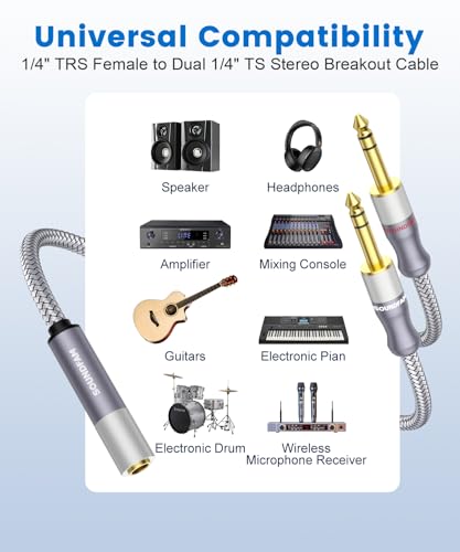 1/4" Splitter Cable 2 Feet/60CM,Microphone Splitter 1 Female to 2 Male TRS 1/4 inch Splitter 6.35mm Stereo Female Plug to Dual 6.35mm Male-Grey - size: 2ft/60CM-1PACK, style: 1/4" Splitter 1 Female to 2 Male