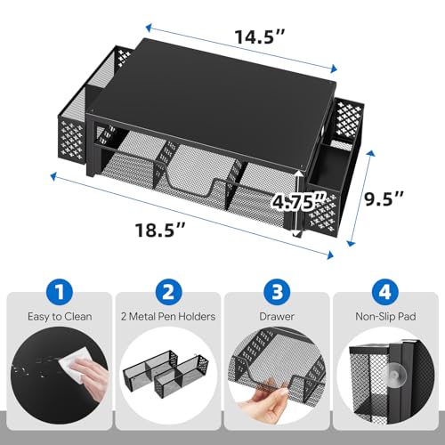 Simple Trending Desk Organizer and Accessories, 2-Tier Computer Monitor Stand Riser with Drawer & 2 Pen Holders, Office Desk Accessories & Workspace, Laptop & Printer Stand for Desktop, Black - size: 18.5"W x 9.5"D x 4.75"H