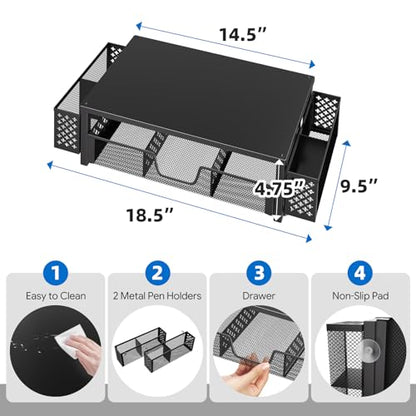 Simple Trending Desk Organizer and Accessories, 2-Tier Computer Monitor Stand Riser with Drawer & 2 Pen Holders, Office Desk Accessories & Workspace, Laptop & Printer Stand for Desktop, Black - size: 18.5"W x 9.5"D x 4.75"H