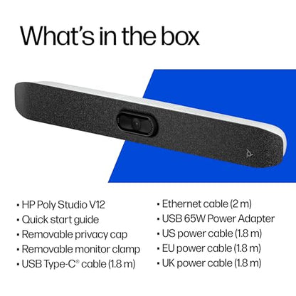 Poly Studio V12 – USB Video Bar for Small Rooms - 4K 20MP Camera, AI-Enhanced Audio, Noise Cancellation, Poly Lens Management - Microsoft Teams, Zoom & Google Meet Compatible - Thoughtfully Made