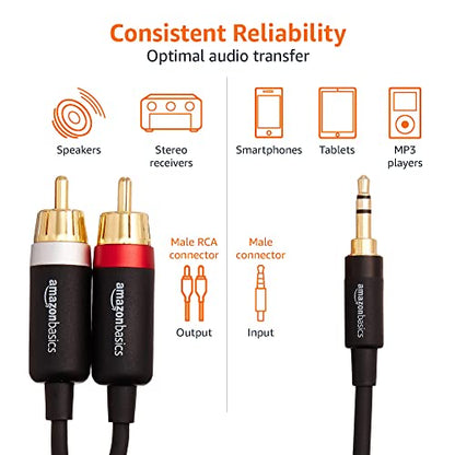 Amazon Basics 3.5mm Aux to 2 RCA Audio Cable for Amplifiers, Active Speakers, Smartphones, Tablet with Gold-Plated Plugs, Stereo Audio, 15 Feet/4.6 m, Black - size: 15 Feet