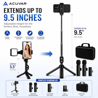 Vlogging Kit for iPhone/Android with Wireless Microphone, LED Light & Tripod – Phone Video Recording Kit for YouTube, TikTok, Streaming & Content Creators