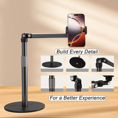 Phone Stand for Recording Overhead Desktop Phone Holder Mount with Flexible Extension Arm, Adjustable Height, for Video, Painting, Meeting, Fliming