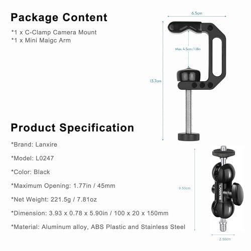 Camera Clamp Mount C Clamp with Magic Arm - Perfect for Fence, Desk, Tripod, Monitor, Light, GoPro, Insta360, DSLR - Essential Tool for Outdoor Projects, Broadcasting, Photography