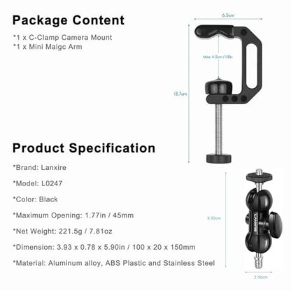 Camera Clamp Mount C Clamp with Magic Arm - Perfect for Fence, Desk, Tripod, Monitor, Light, GoPro, Insta360, DSLR - Essential Tool for Outdoor Projects, Broadcasting, Photography